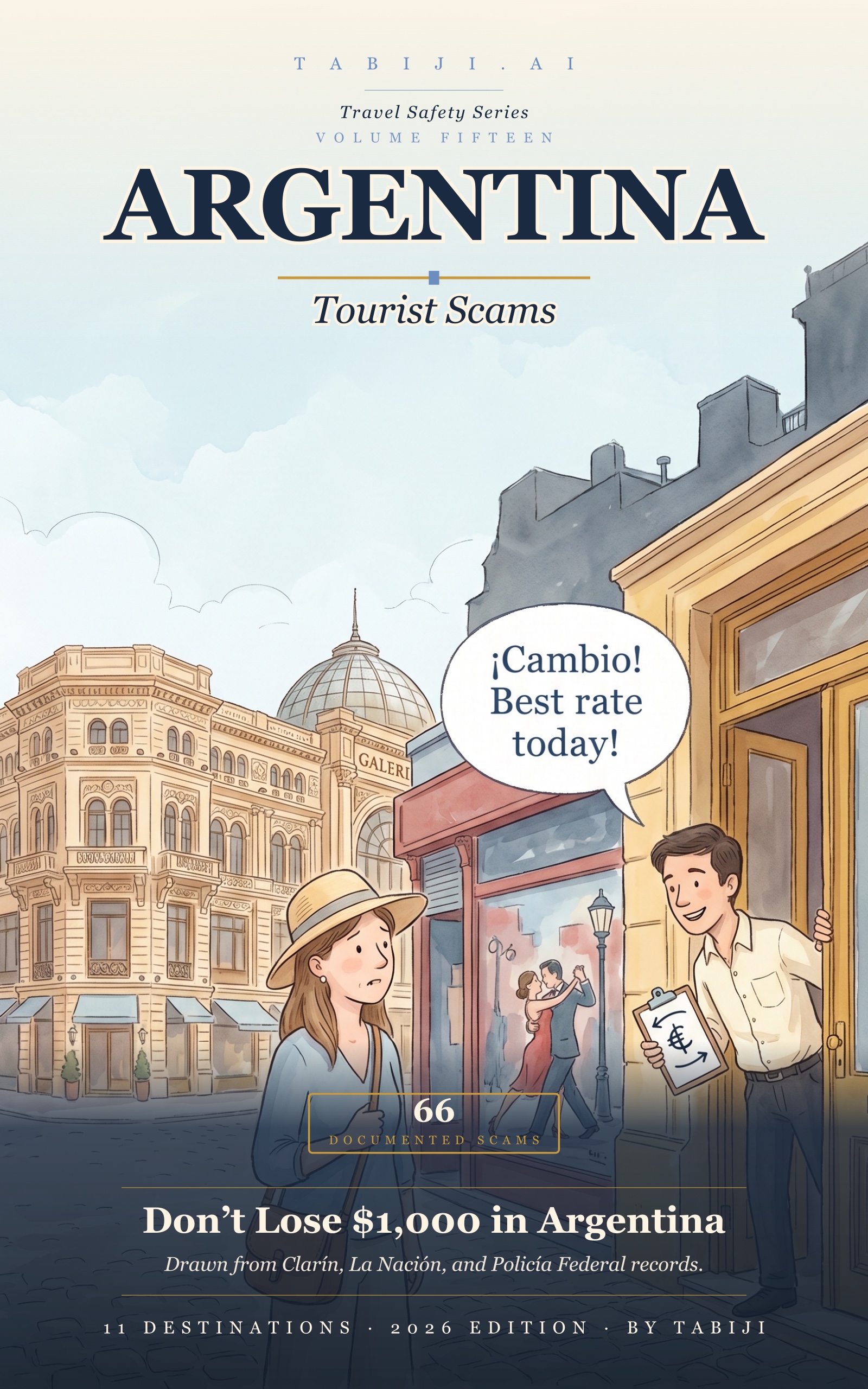 Argentina: Tourist Scams book cover — Buenos Aires colonial street with Galerías Pacífico facade, tango dancers in a window, and a cambio tout offering 'best rate today'