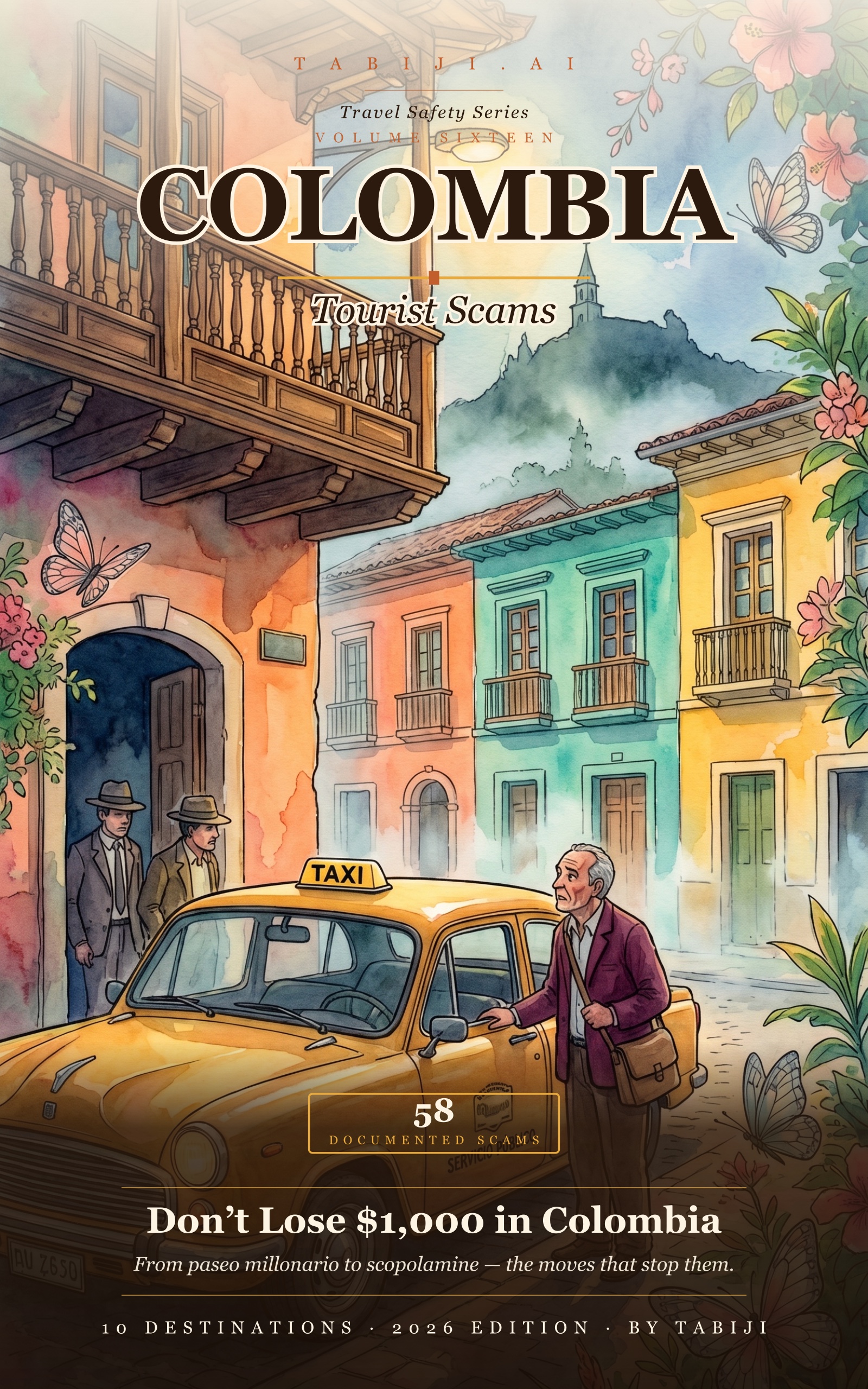 Colombia: Tourist Scams book cover — Bogotá Paseo Millonario watercolor scene with a yellow taxi