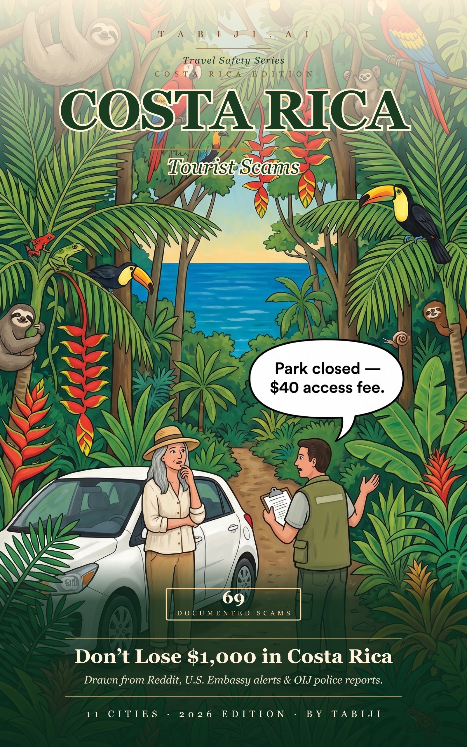 Costa Rica: Tourist Scams book cover — jungle clearing with sloth, toucans, and a fake park ranger demanding a $40 access fee