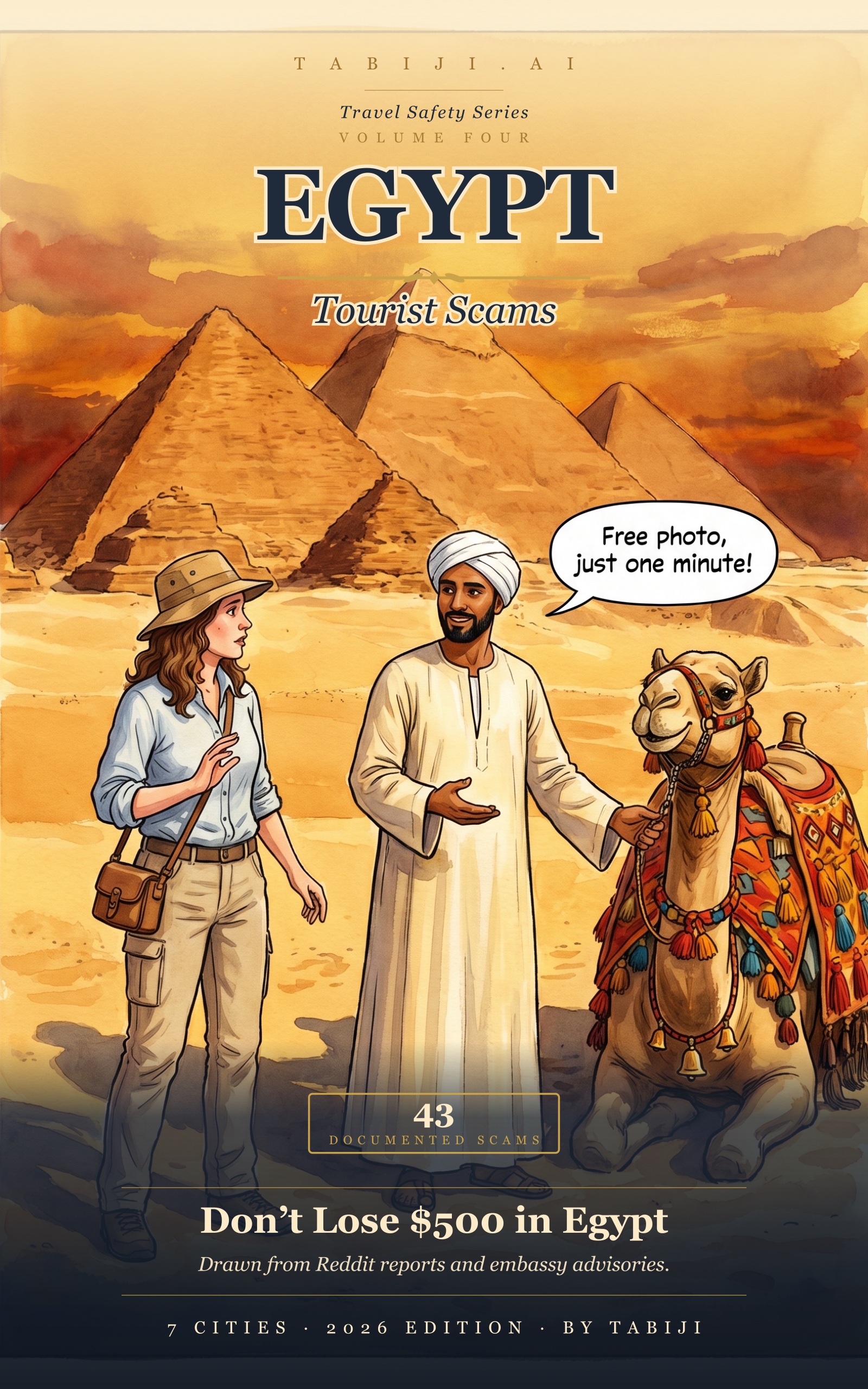 Egypt: Tourist Scams book cover — Giza pyramids watercolor with a tourist and a tout offering a 'free photo' beside a decorated camel