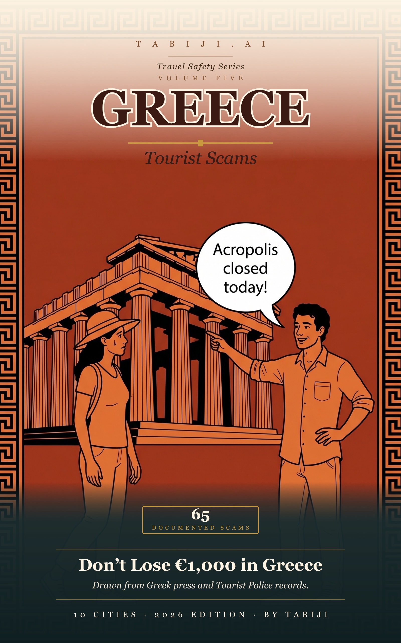 Greece: Tourist Scams book cover — red-figure pottery style illustration with Parthenon backdrop