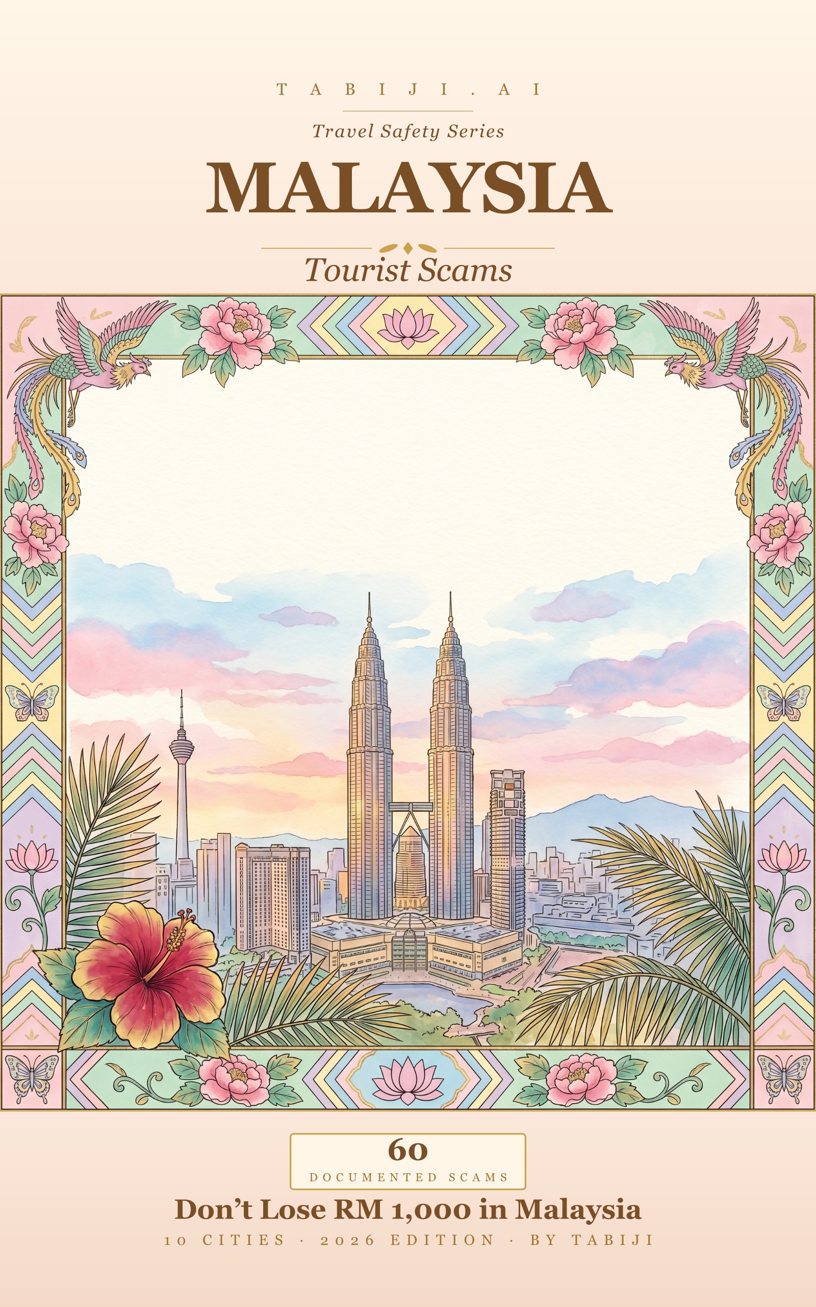 Malaysia: Tourist Scams book cover — Peranakan/Nyonya pastel heritage frame around a Kuala Lumpur skyline with the Petronas Towers, KL Tower, and a hibiscus in the foreground